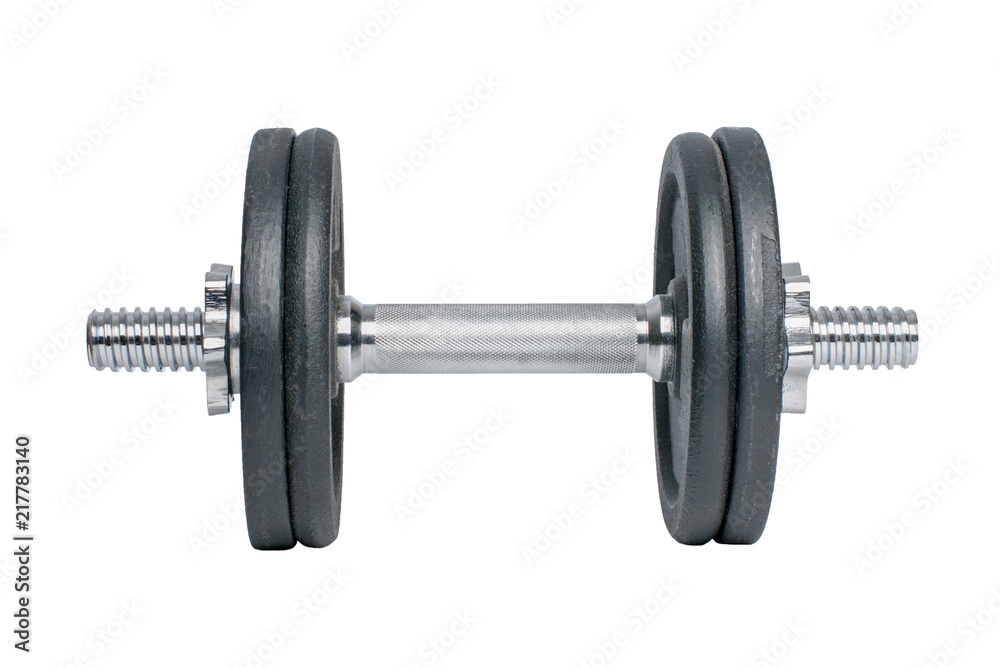 black metal dumbbell for fitness with chrome silver handle isolated on white background black metal dumbbell for fitness with chrome silver handle isolated on white background
