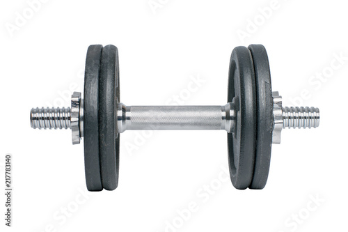 black metal dumbbell for fitness with chrome silver handle isolated on white background