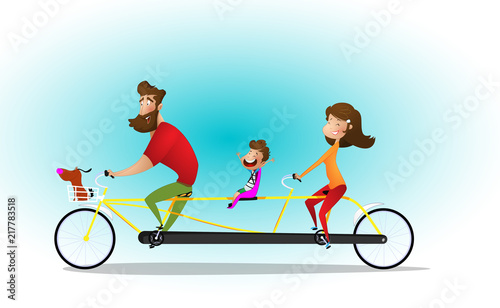 Happy family riding a tandem bicycle. Vector illustration.