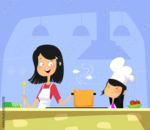 Mom and daughter cooking in kitchen together