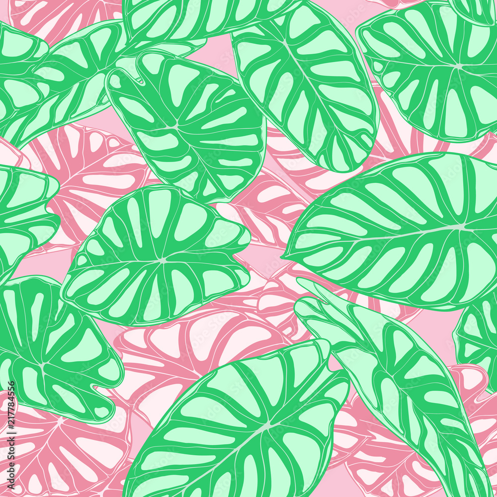 Seamless Jungle Pattern in Pastel Color Design. Vector Tropic Leaves in Watercolor Style. Background with Stylized Plants Alocasia. Exotic Foliage. Seamless Tropical Pattern for Cloth Design, Fabric.