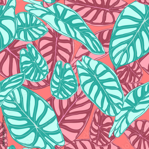 Seamless Jungle Pattern. Vector Tropic Leaves in Watercolor Style. Background with Stylized Plants Alocasia. Handwritten Exotic Foliage. Seamless Tropical Pattern for Textile, Cloth Design, Fabric.