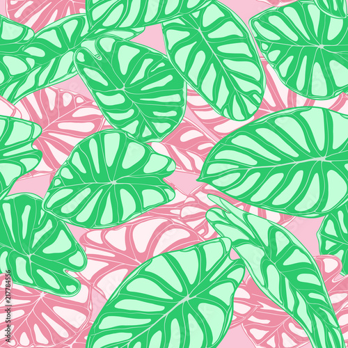 Seamless Jungle Pattern in Pastel Color Design. Vector Tropic Leaves in Watercolor Style. Background with Stylized Plants Alocasia. Exotic Foliage. Seamless Tropical Pattern for Cloth Design  Fabric.