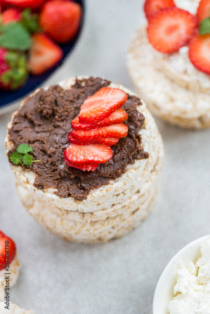Healthy Snack from Rice Cakes with Hazelnut Spread, Ricotta Chee Healthy Snack from Rice Cakes with Hazelnut Spread, Ricotta Chee