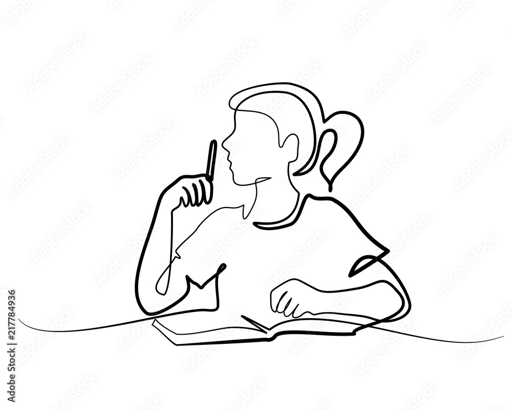 Continuous one line drawing. Schoolgirl sitting and writing with pencil on copybook. Vector illustration