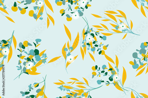 Floral Seamless Pattern in Pastel Color Design. Vector Eucalyptus Leaves and Beautiful Blossom Elements. Botanical Summer Background. Floral Seamless Pattern for Wedding Design, Print, Textile, Fabric