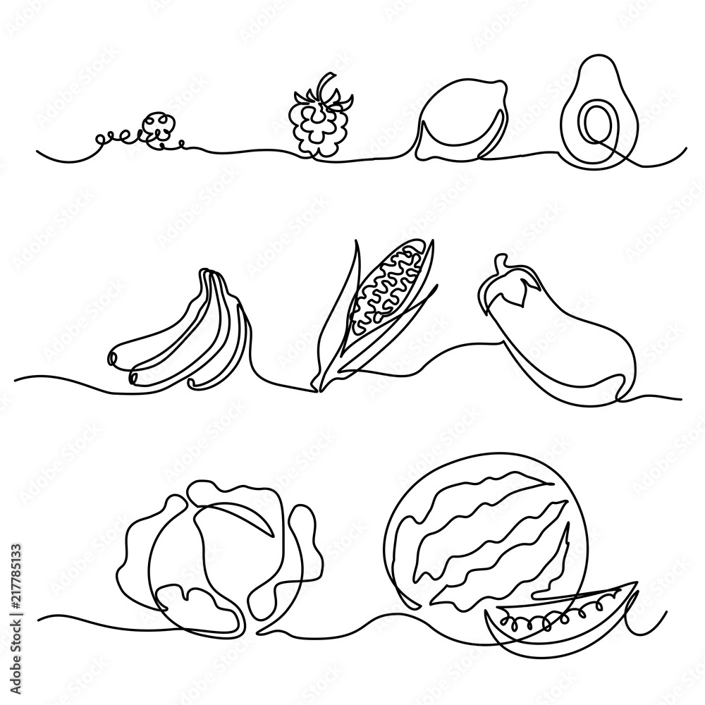 Fototapeta Continuous one line drawing. Vegetables differebt size. Vector illustration