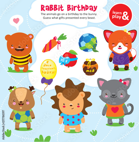 Logic game for kid. Guess what present each animal give to rabbit on birthday. Development of logical thinking and connection between objects. Vector isolated illustration. Hand draw