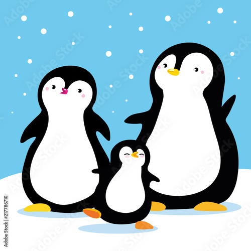 family of penguins under snow. Cartoon family characters. Vector isolated hand draw. Use as illustration for a childrens book postcard sticker character prototype of toy.