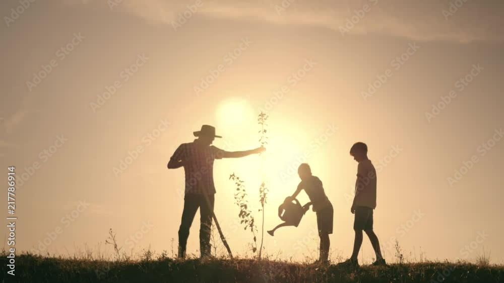 A happy family. Father and two sons plant and water the tree in the park at sunset. The concept of a happy family A happy family. Father and two sons plant and water the tree in the park at sunset. The concept of a happy family