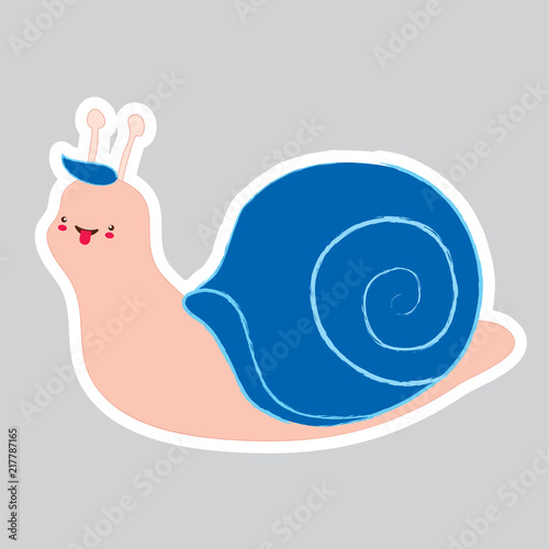 Doodle snail boy on a gray background. Blue forelock and shell. Nursery art. Use as illustration sticker book or cartoon character icon symbol emoticon prototype of toy. Vector illustration. Hand draw