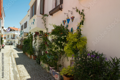 Street of the old small town with flowers 