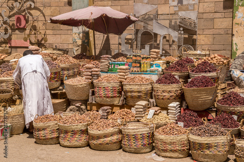 Traditional egyptian bazaar with herbs and spices in Aswan, Egypt. spices bazaar