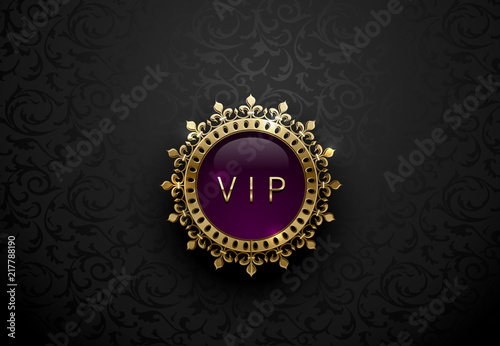 Vip purple label with round golden ring frame crown on black floral background. Dark glossy royal premium template. Vector luxury illustration.