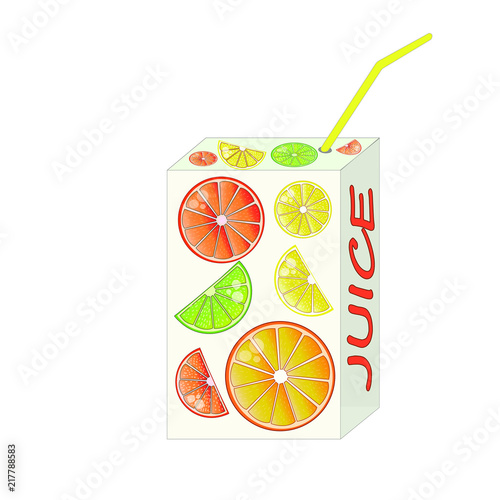 Citrus juice box on white isolated with straw 