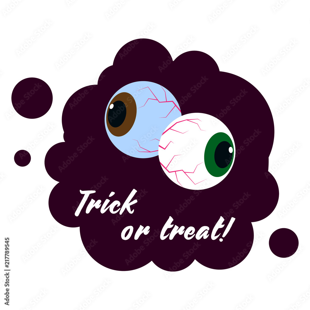 Eyeballs on a Burgundy background with the inscription Treat or revenge. Halloween sticker. Vector