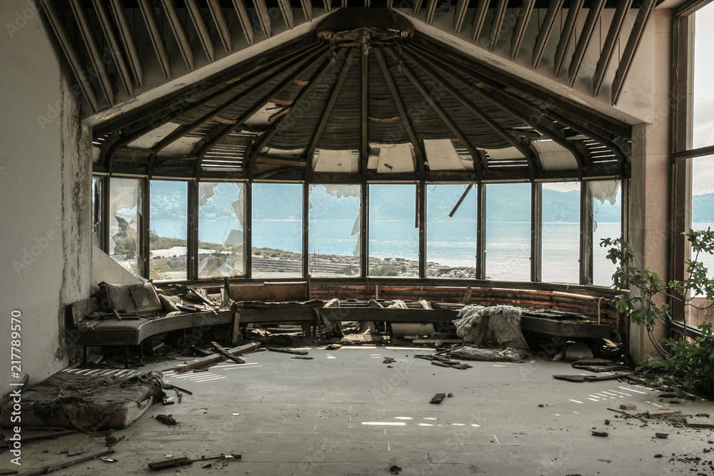 View from an abandoned hotel on the adriatic sea on the former resort of Kupari, in Croatia. Kupari was a military hotel resort in the time of Yugoslavia, destroyed during the 1991 conflict.