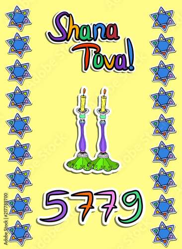 Greeting on Rosh Hashanah in paper style. Sticker. 5779.  star. Doodle. Hand draw. Vector illustration. photo