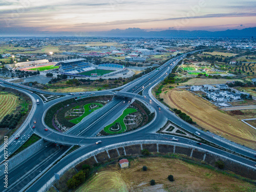 An aerial photo above a roundabout at the entrance of Nicosia, the capital o Cyprus