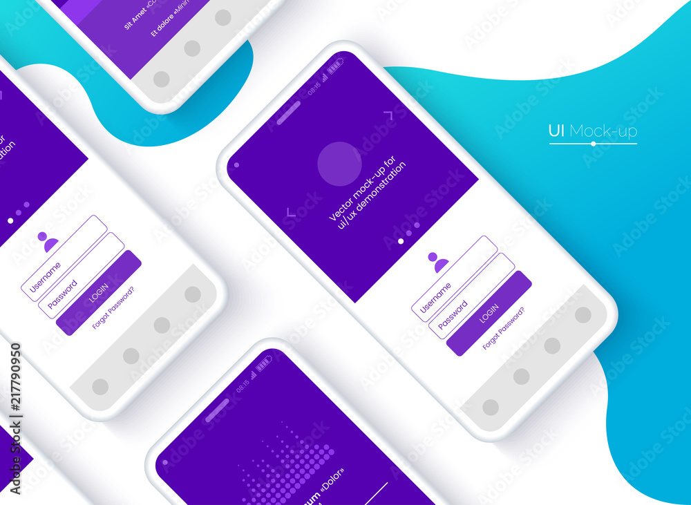Conceptual mobile phones for user interface, user experience presentation. Smartphone mock-up. Mobile app interface design concept. Vector eps 10. - obrazy, fototapety, plakaty 