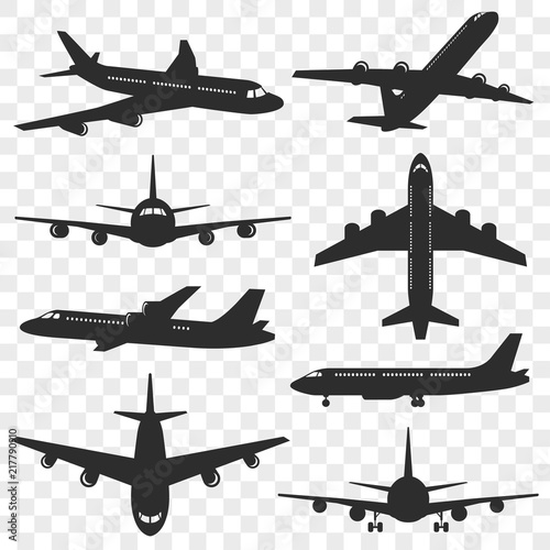 Airplanes silhouettes set. Plane silhouette isolated on transparent background. Passenger aircraft in different angles. Vector eps 10.