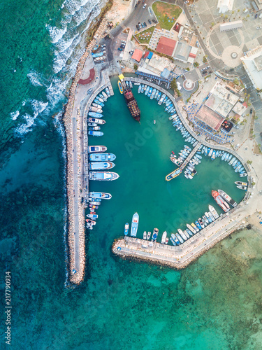 An aerial photo of the picturesque heard shaped harbour of Ayia Napa