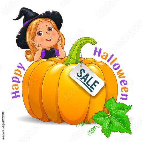 Happy Halloween funny girl in hat with pumpkin sale sign