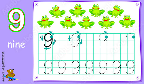 Educational page for young children with number nine. Developing skills for writing and counting. Vector cartoon image.