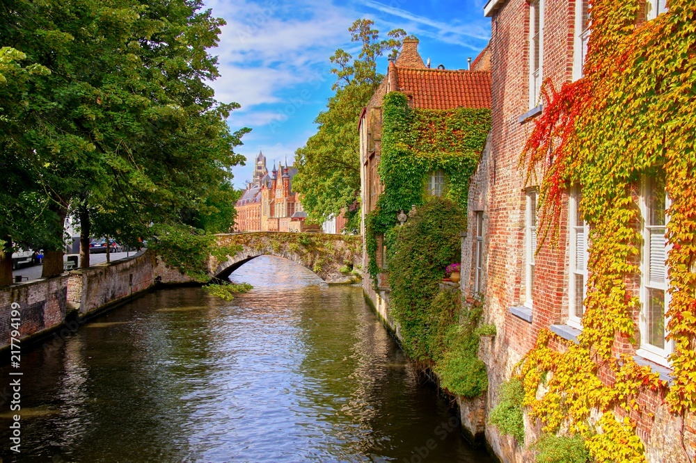 Naklejka premium Bridge and leafy buildings lining the picturesque canals of Bruges, Belgium