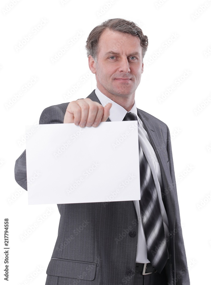serious businessman showing blank business card