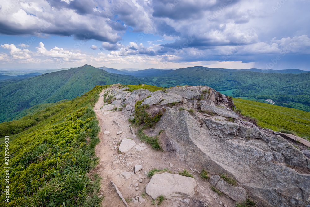 Obraz premium View near Winnie the Pooh Hut mountain cabin on the Wetlina hiking trail in Bieszczady National Park, Subcarpathian Voivodeship of Poland