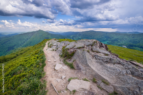 View near Winnie the Pooh Hut mountain cabin on the Wetlina hiking trail in Bieszczady National Park, Subcarpathian Voivodeship of Poland