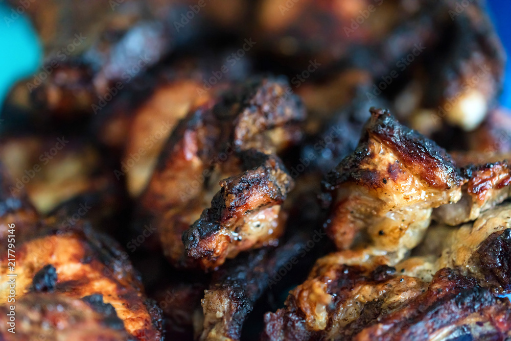 Overcooked grilled meat texture close up picture