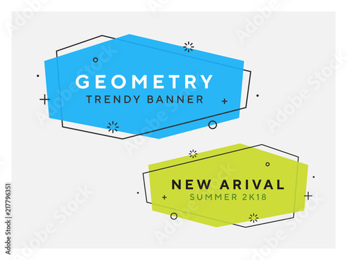 Set of trendy flat geometric vector banners. Vivid transparent banners in retro poster design style. Vintage colors and shapes. Green and blue colorss. 90s or 80s memphis style.