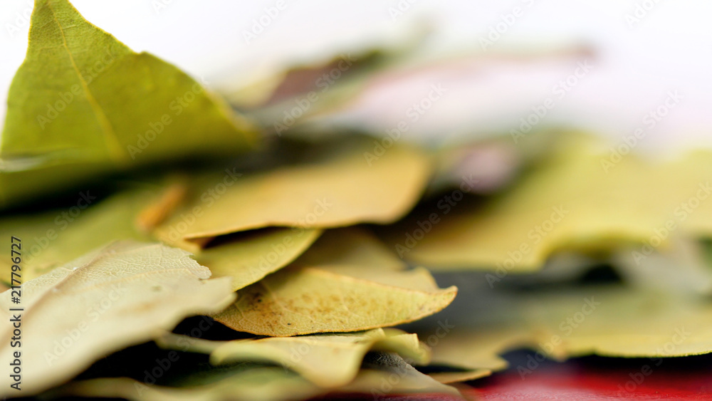 Bay Leaves cooking herbs and spices macro closeup. on vintage red wood table, selective focus. Bay Leaves cooking herbs and spices macro closeup. on vintage red wood table, selective focus.