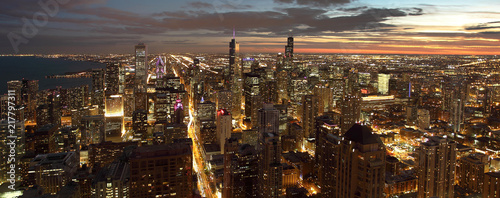 Chicago at night showing Michigan Avenue and downtown