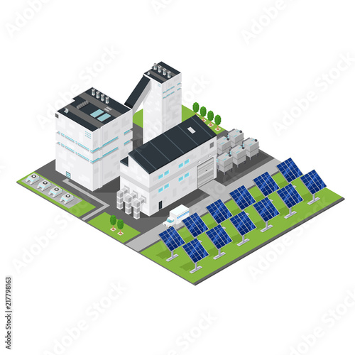 Isometric Solar Power Station Building  Industrial fuel generation.