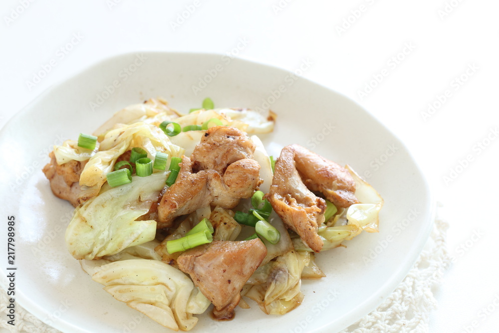 Chinese food, cabbage and chicken stir fried