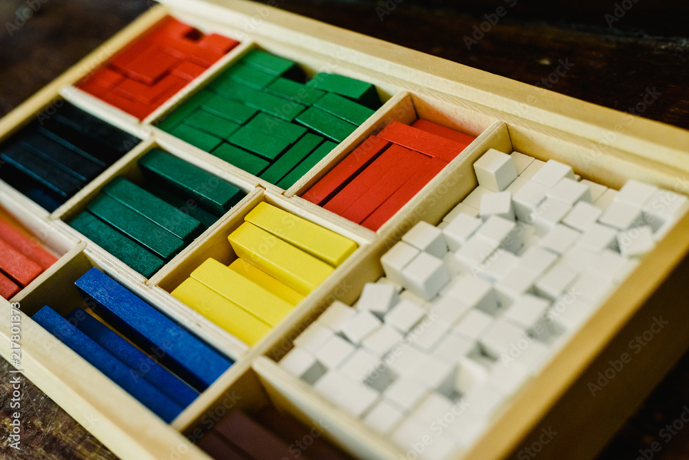 Fototapeta premium Blocks of different sizes and colors to build shapes and count.