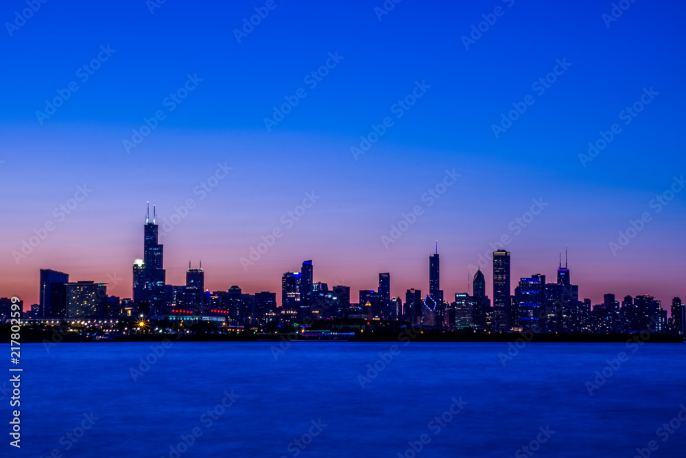 city, skyline, water, urban, chicago, cityscape, downtown, panorama, night, architecture, buildings, sky, building, skyscraper, blue, travel, sunset, view, river, tower, lake, business,