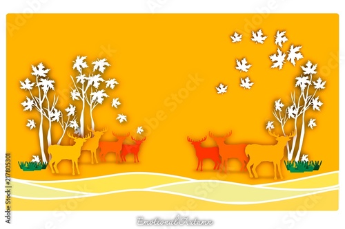 Hand Drawn of Autumn Maple Leaves with Paper Cut Art