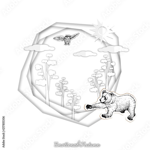 Autumn Grizzly Bear and Owl with Paper Cut Art