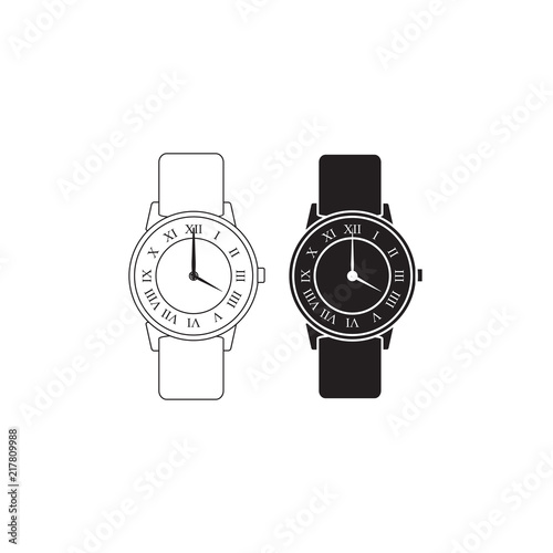 vector hand wrist watch icon, wristwatch illustration isolated white background, clock icon set. black and white