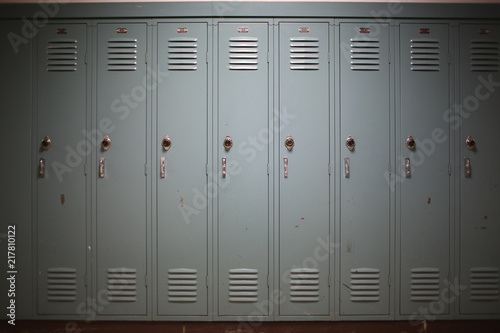 Photo Back to School Concept - Light Blue Gray Student Lockers at a High School or Col