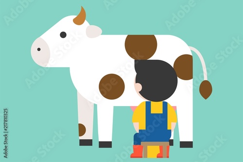 farmer milking cow in flat design