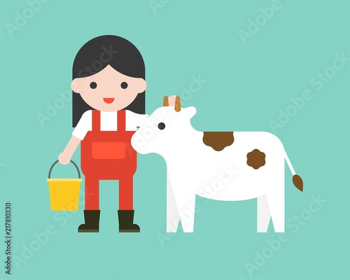 farmer with bucket and calf in flat design