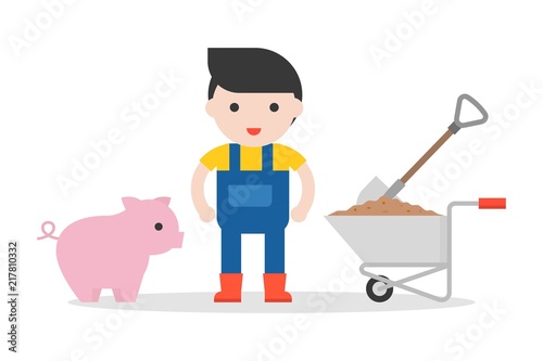 farmer and piglet, wheelbarrow in flat design