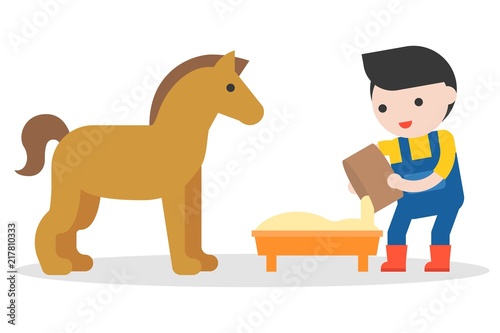 farmer feeding foal in flat design