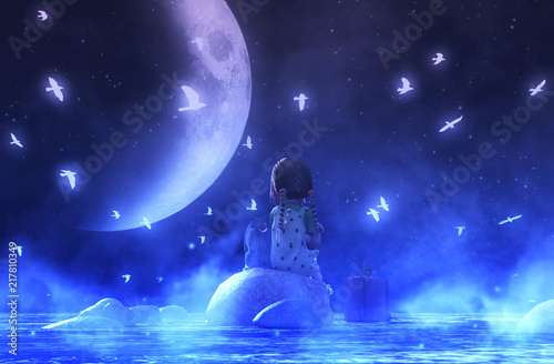 Girl sitting outdoors with her cat in starry night fantasy sky,3d illustration conceptual background