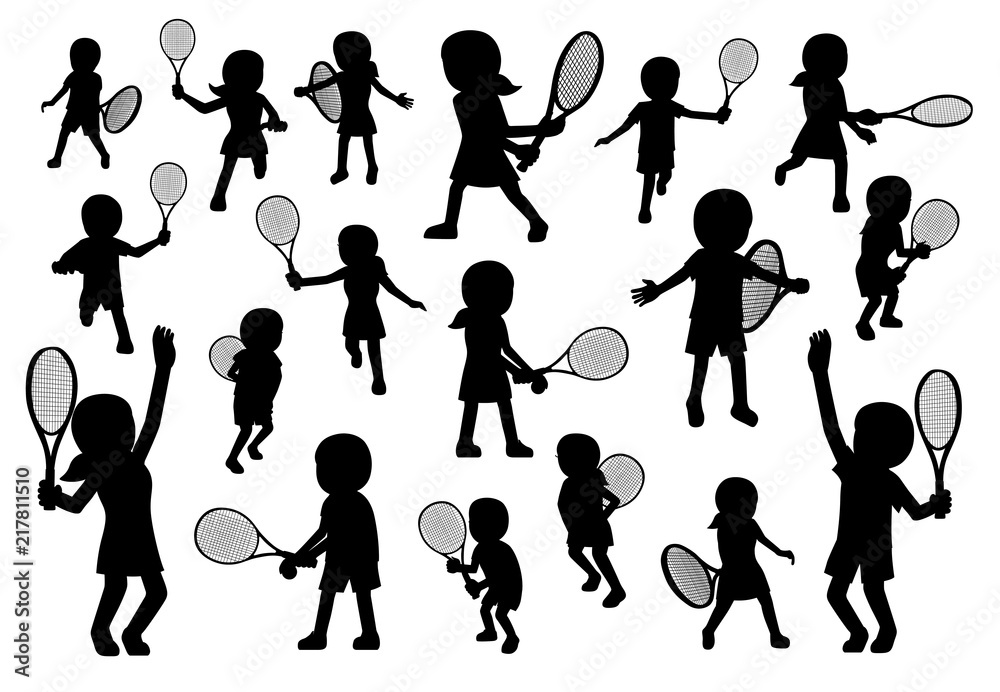 Various Tennis Poses Silhouette Cartoon Vector Illustration